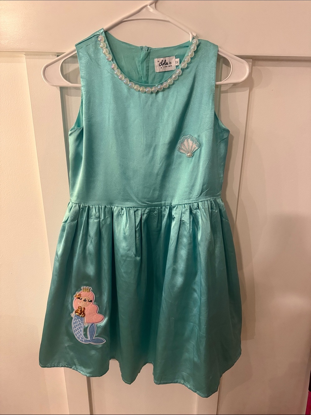 Lola and the Boys Girls Aqua Mermaid Patch Dress with Pearl Neckline